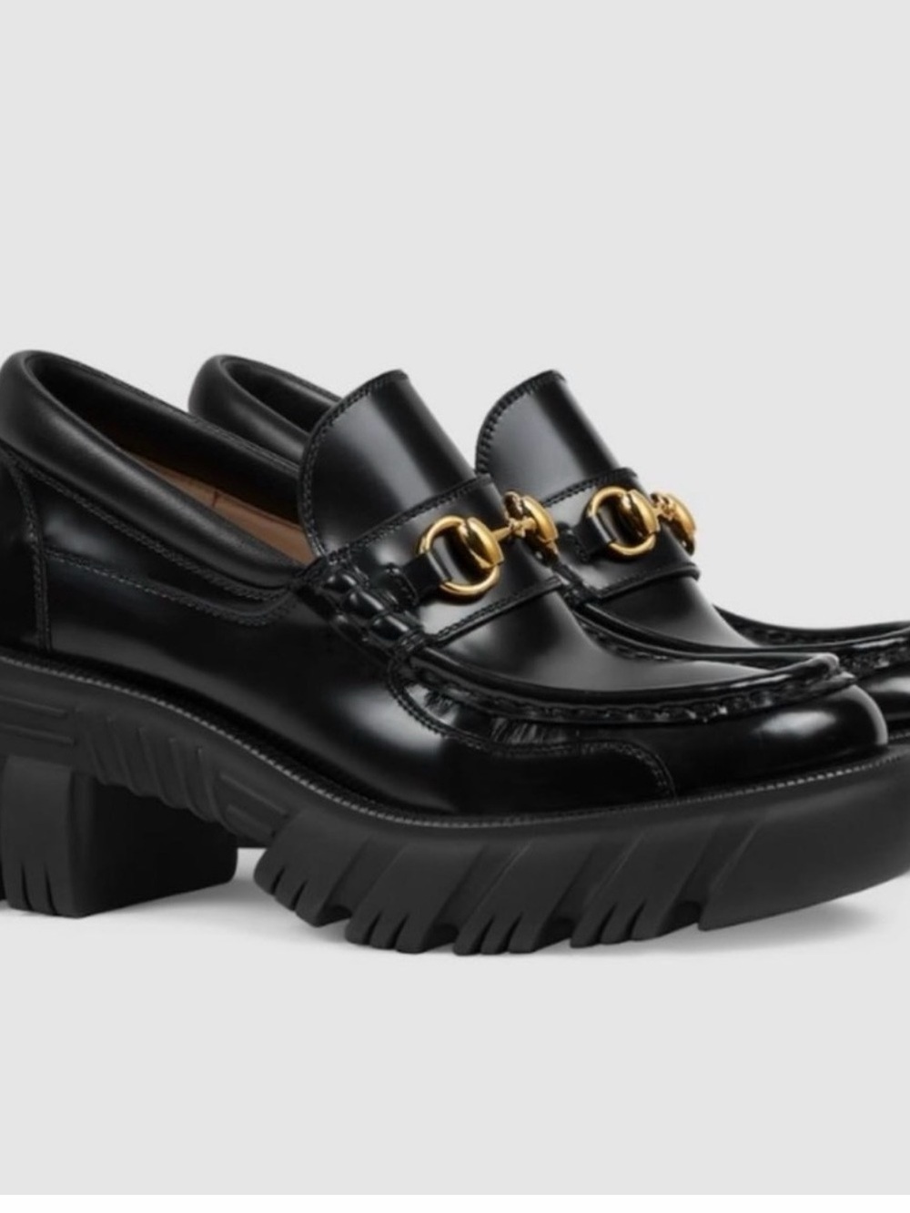 Gucci Black Leather Chunky Sole Loafers with Gold Horsebit